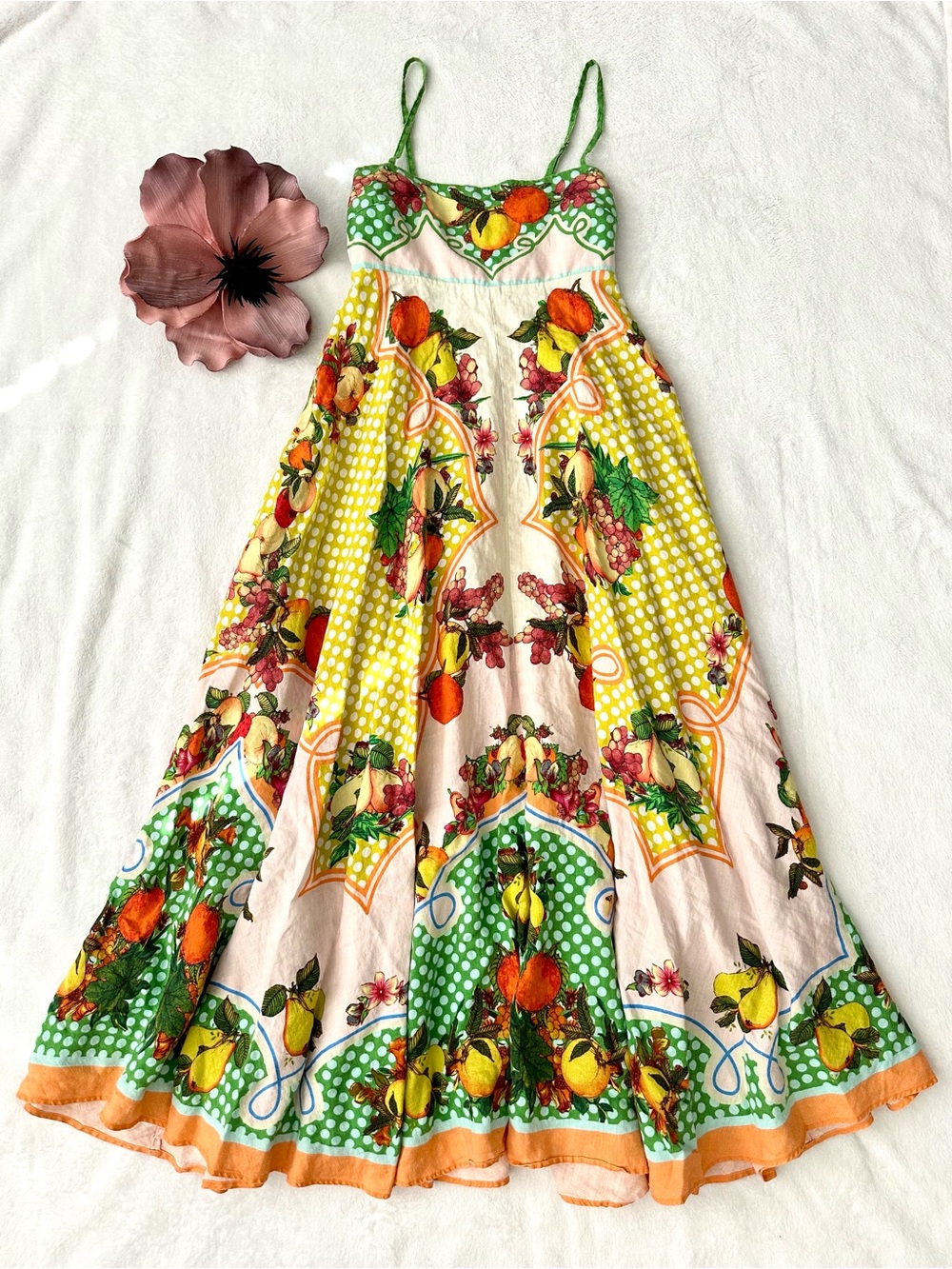 Alemais Lemonis Midi Sun Dress Tropical Print Fruit Orange Lemon Citrus US 8